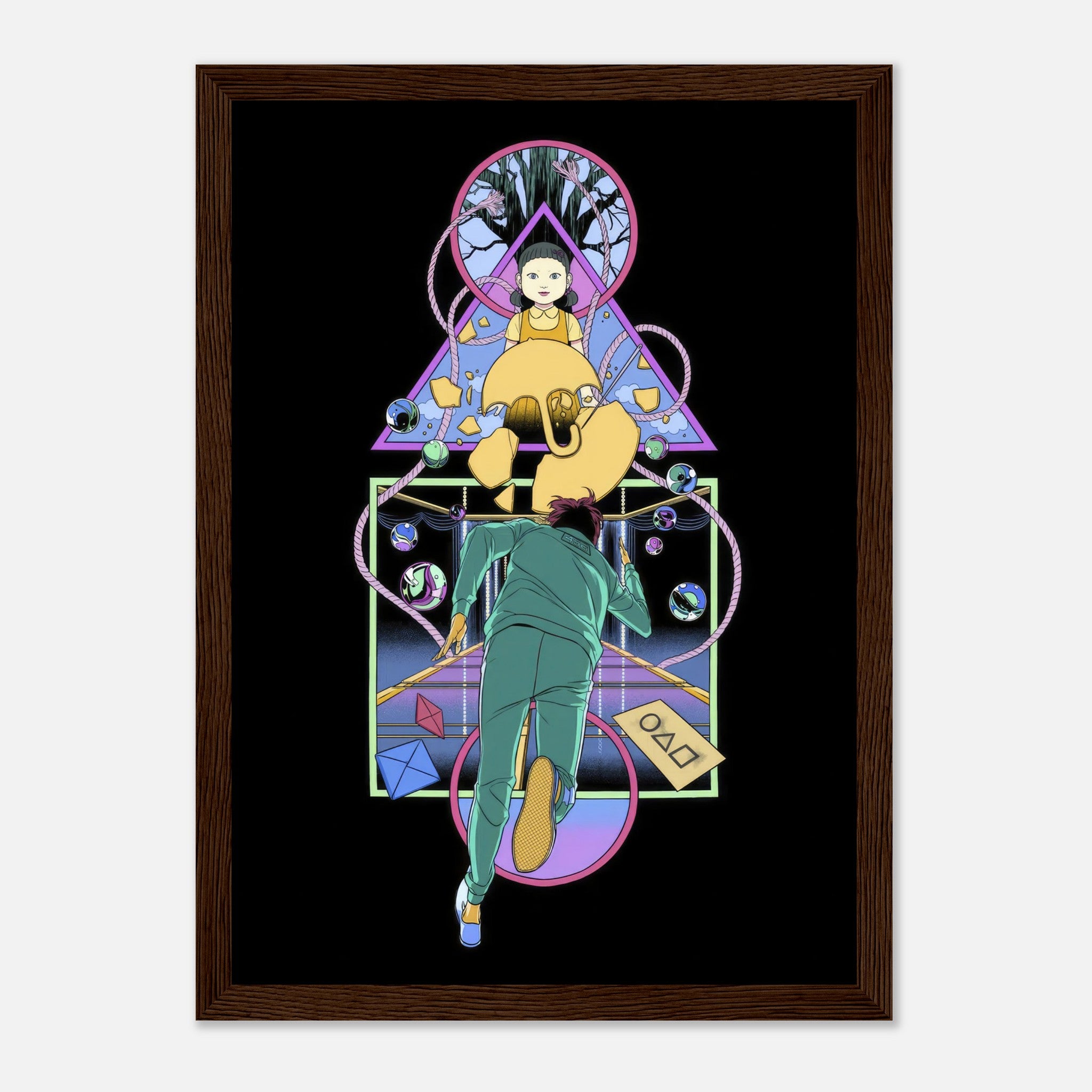 Doll Squid Game framed print featuring iconic doll and player in vibrant colors and striking design.