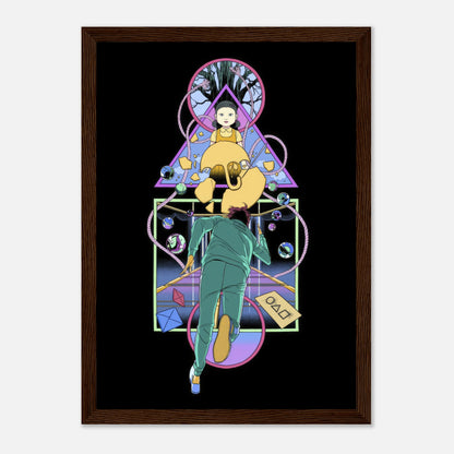 Doll Squid Game framed print featuring iconic doll and player in vibrant colors and striking design.