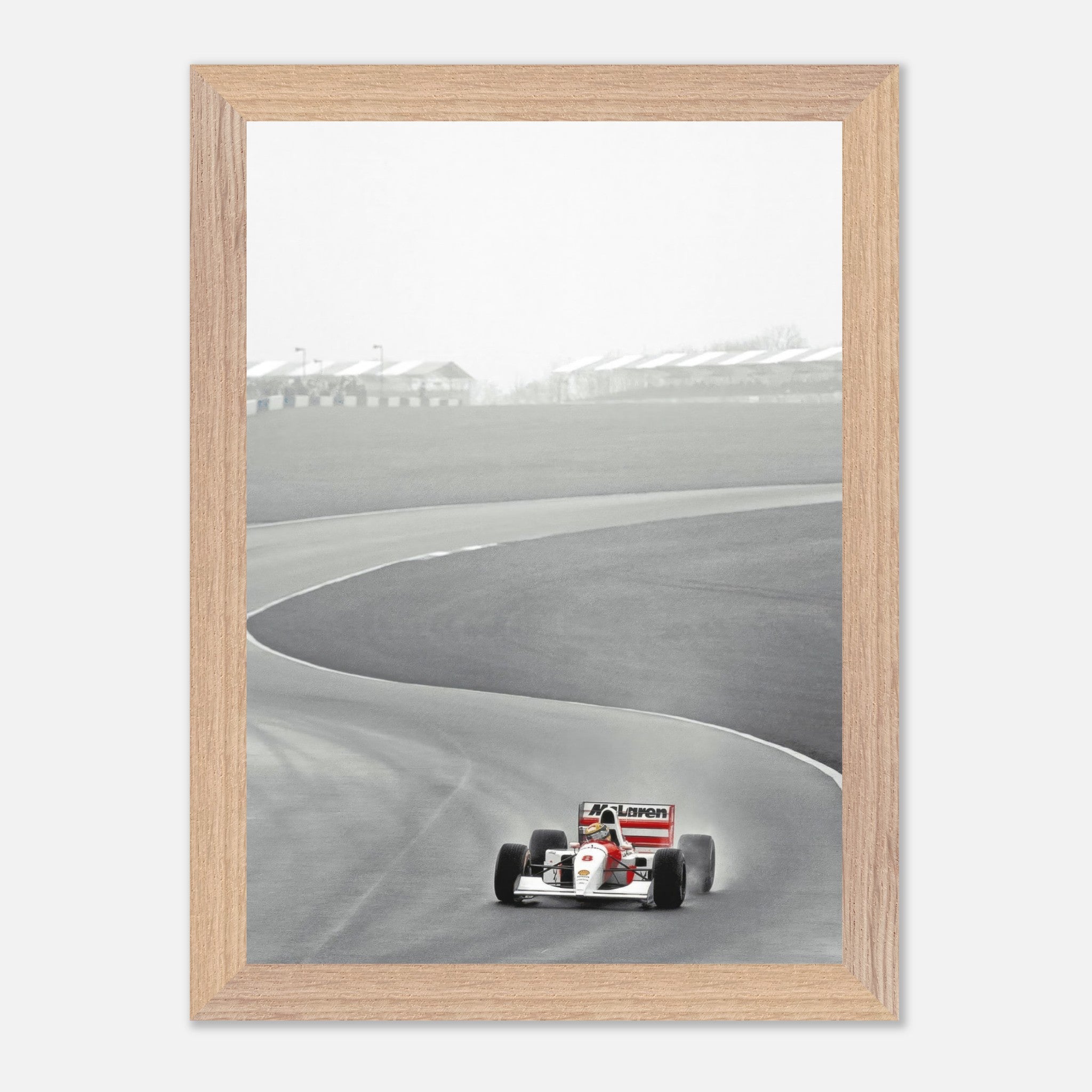 1988 Ayrton Senna McLaren vintage framed art capturing Formula 1's iconic MP4/4 on the racetrack.