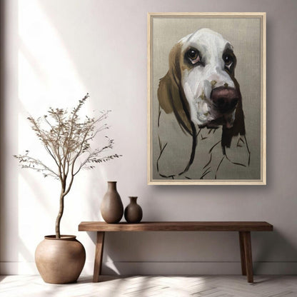 Basset Hound dog painting framed canvas print in modern home decor setting with vase and table.