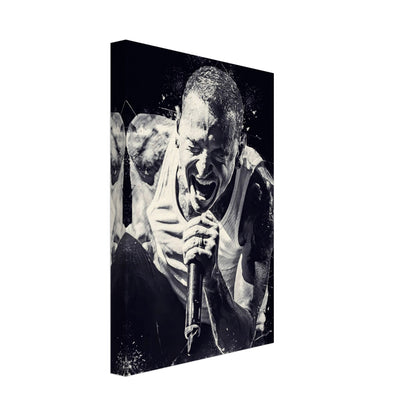 Chester Bennington canvas print showcasing the intense energy of the Linkin Park frontman in a striking black-and-white design.