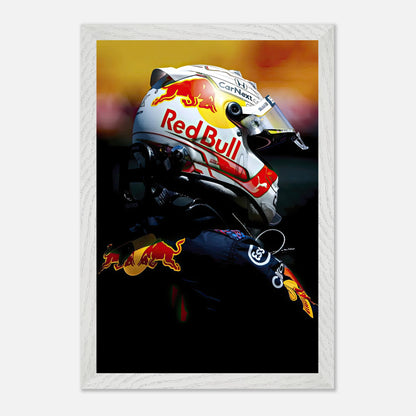 Max Verstappen fine art print featuring Red Bull helmet, showcasing intense racing spirit and vibrant colors.