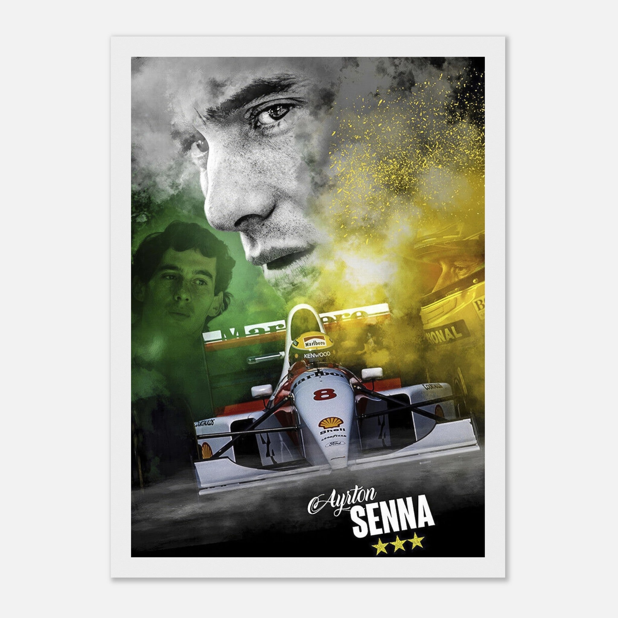 Ayrton Senna framed print showcasing a Formula 1 car, vibrant colors, and iconic imagery celebrating his legacy.