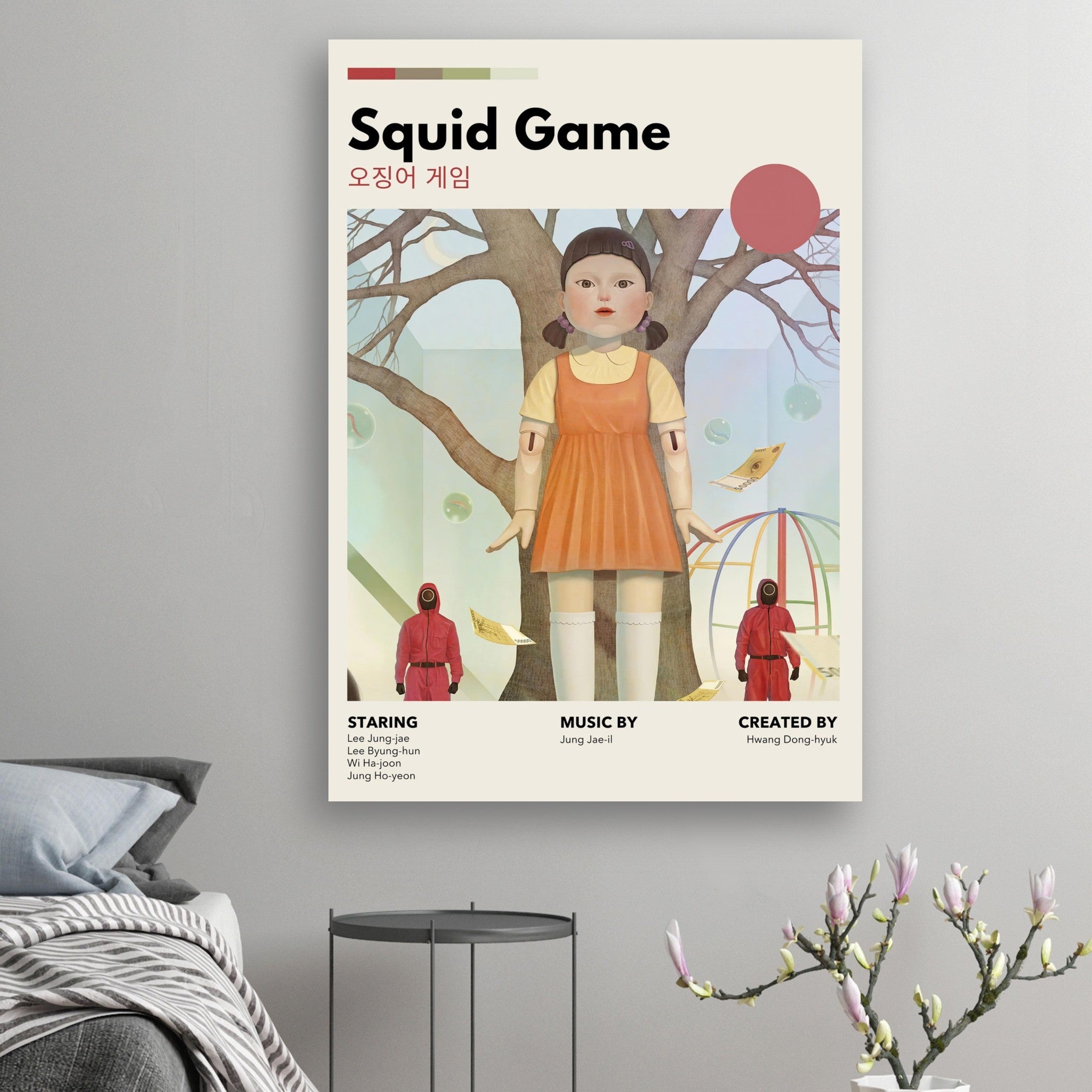 Vintage Squid Game poster featuring the iconic doll in a retro style, perfect for fans of the series.