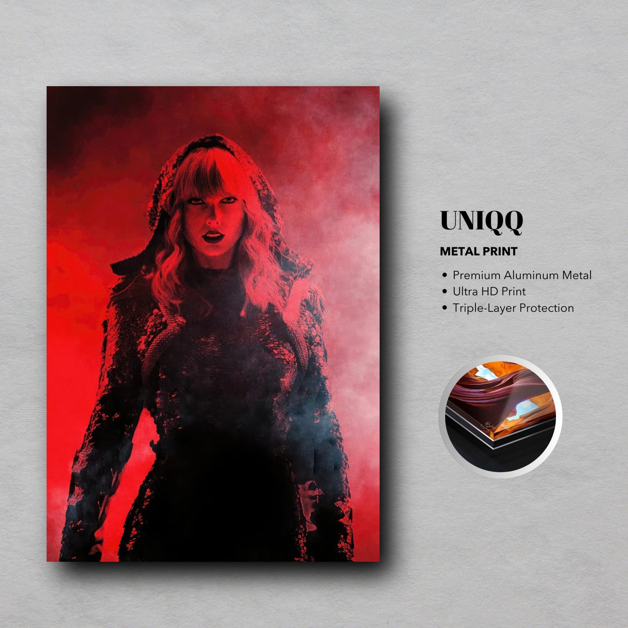 Taylor Swift Red metal poster on premium aluminum, featuring dramatic red tones and fierce imagery for fans.