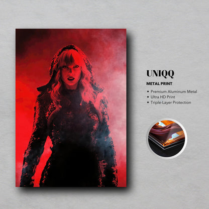 Taylor Swift Red metal poster on premium aluminum, featuring dramatic red tones and fierce imagery for fans.