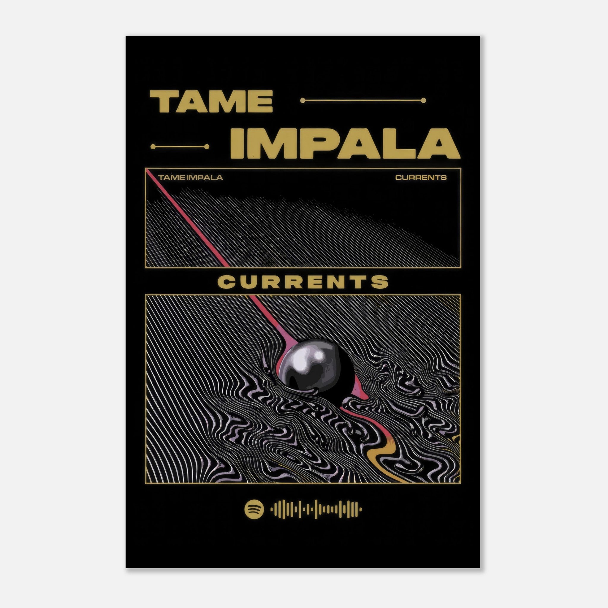 Tame Impala Currents metal poster featuring bold album artwork and swirling psychedelic design on a sleek black background.