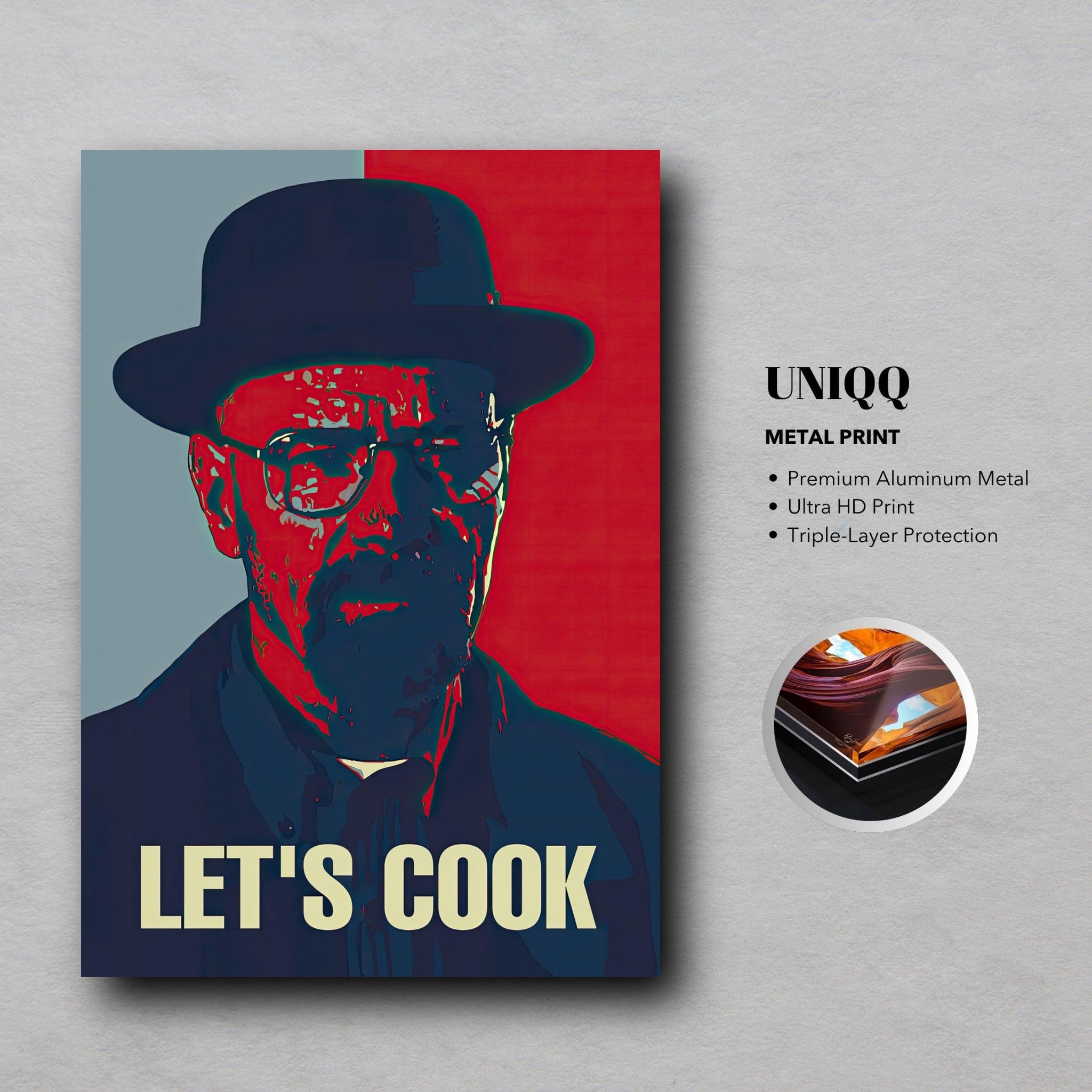 Heisenberg Let's Cook metal poster featuring vibrant pop art design on premium aluminum with ultra HD print.