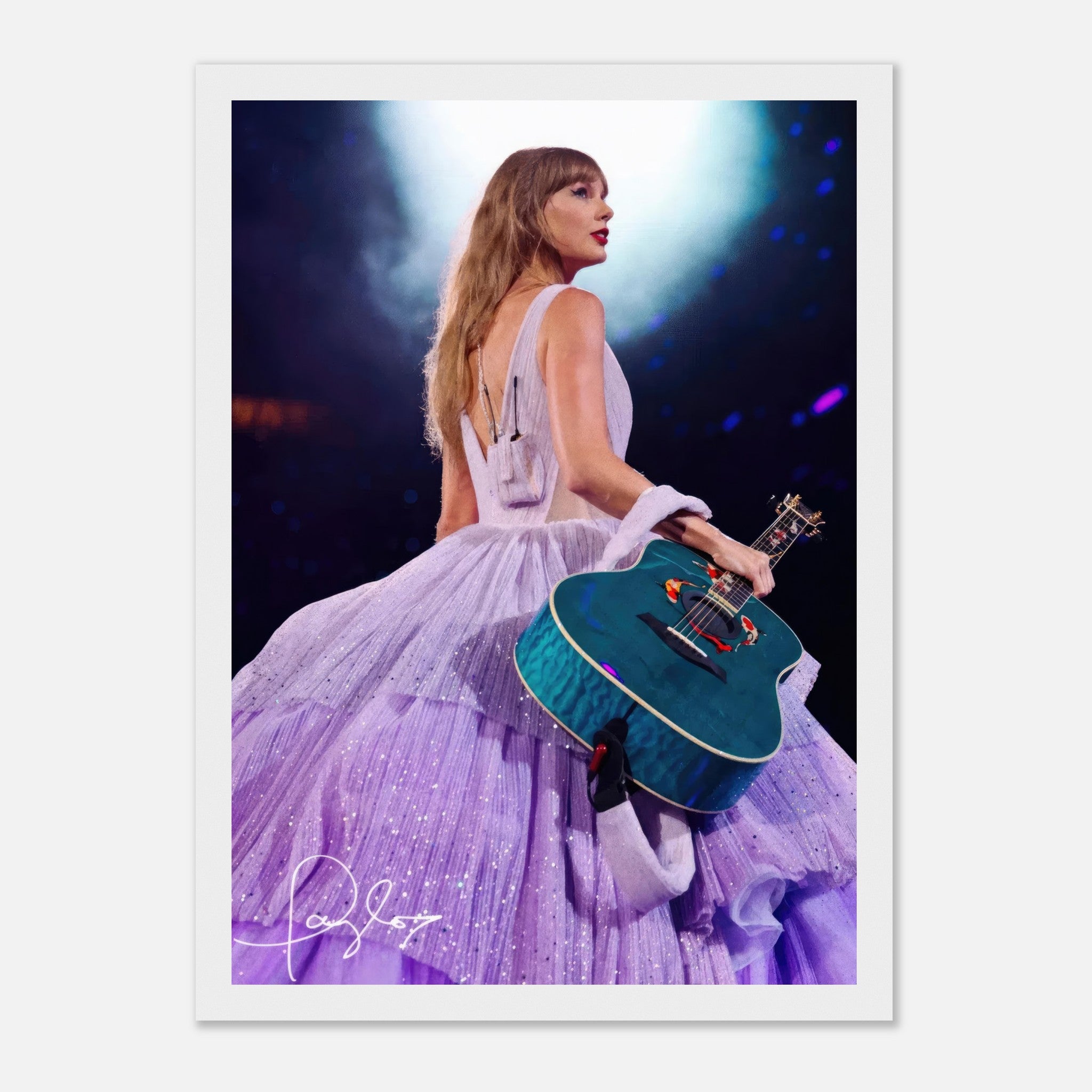 Taylor Swift in a lavender gown holding a guitar under stage lights, featured in a stunning framed poster.