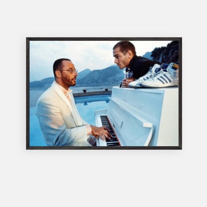 Jean Reno playing piano poolside with a mountain backdrop, iconic moment from *The Big Blue*, fine art print.