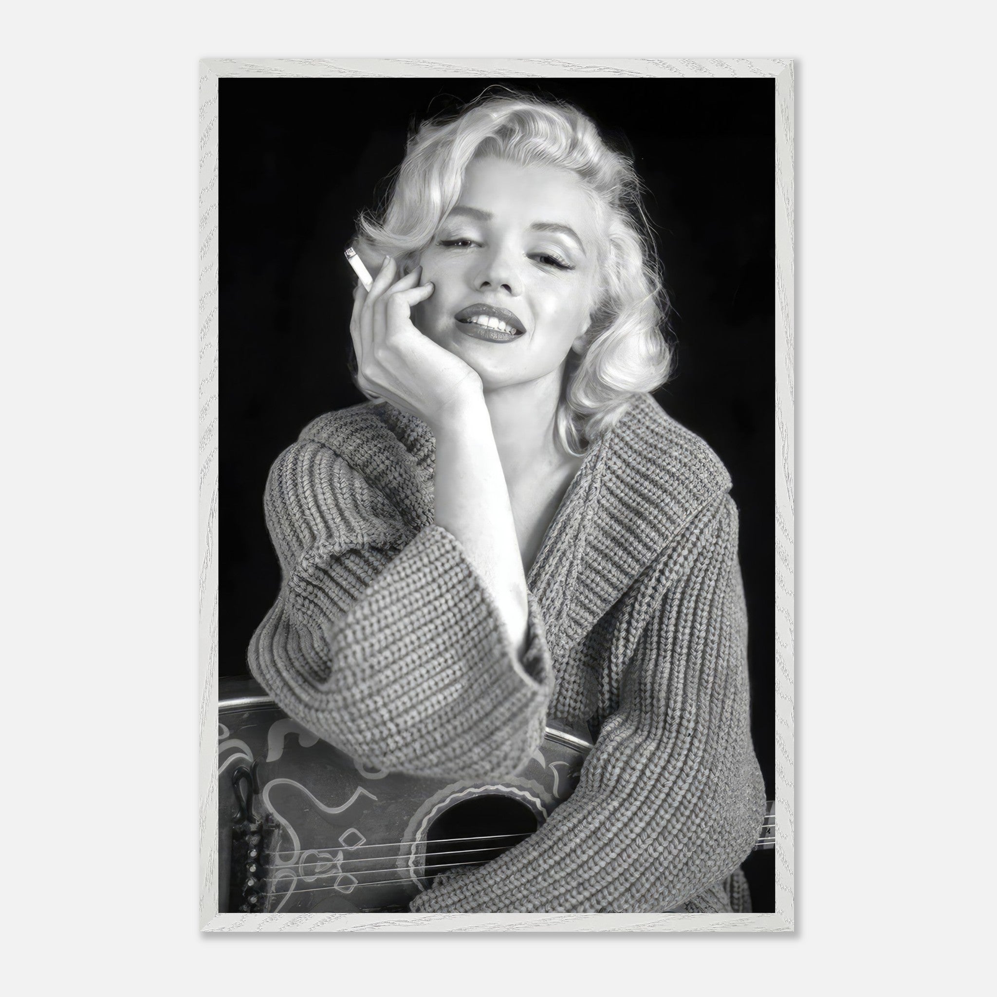 Marilyn Monroe smoking in vintage photography, featuring elegant style and mid-century charm in a framed print.