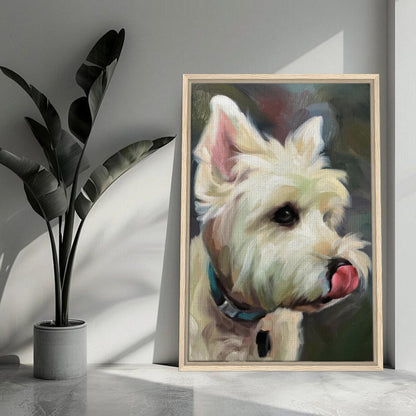Framed canvas print of a Westie dog with playful expression and fluffy coat in a stylish indoor setting.