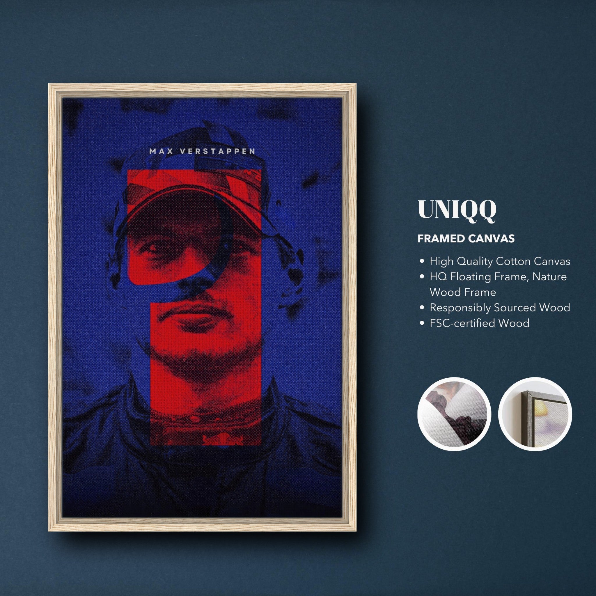 Max Verstappen framed canvas print featuring bold colors and high-quality materials for modern home decor.