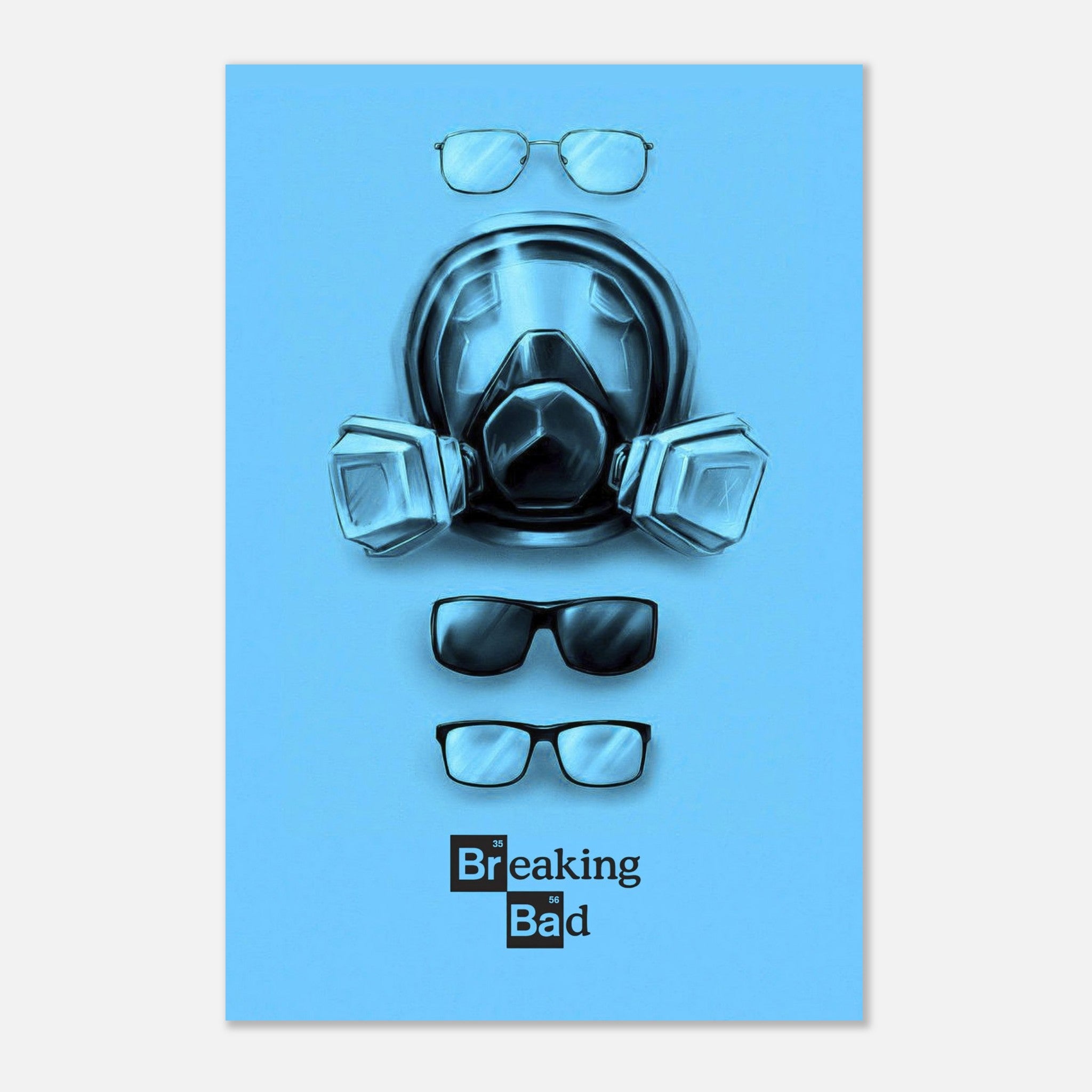 Minimalist Breaking Bad metal poster featuring gas mask and glasses on vibrant blue background. Perfect for fans.