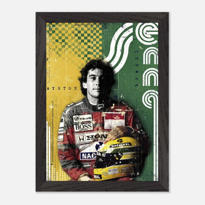 Vintage framed print of Ayrton Senna, featuring bold Brazilian colors and retro design celebrating the F1 legend.