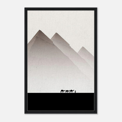 Minimalist Pyramids of Giza framed canvas print with earthy tones, featuring silhouettes of travelers.