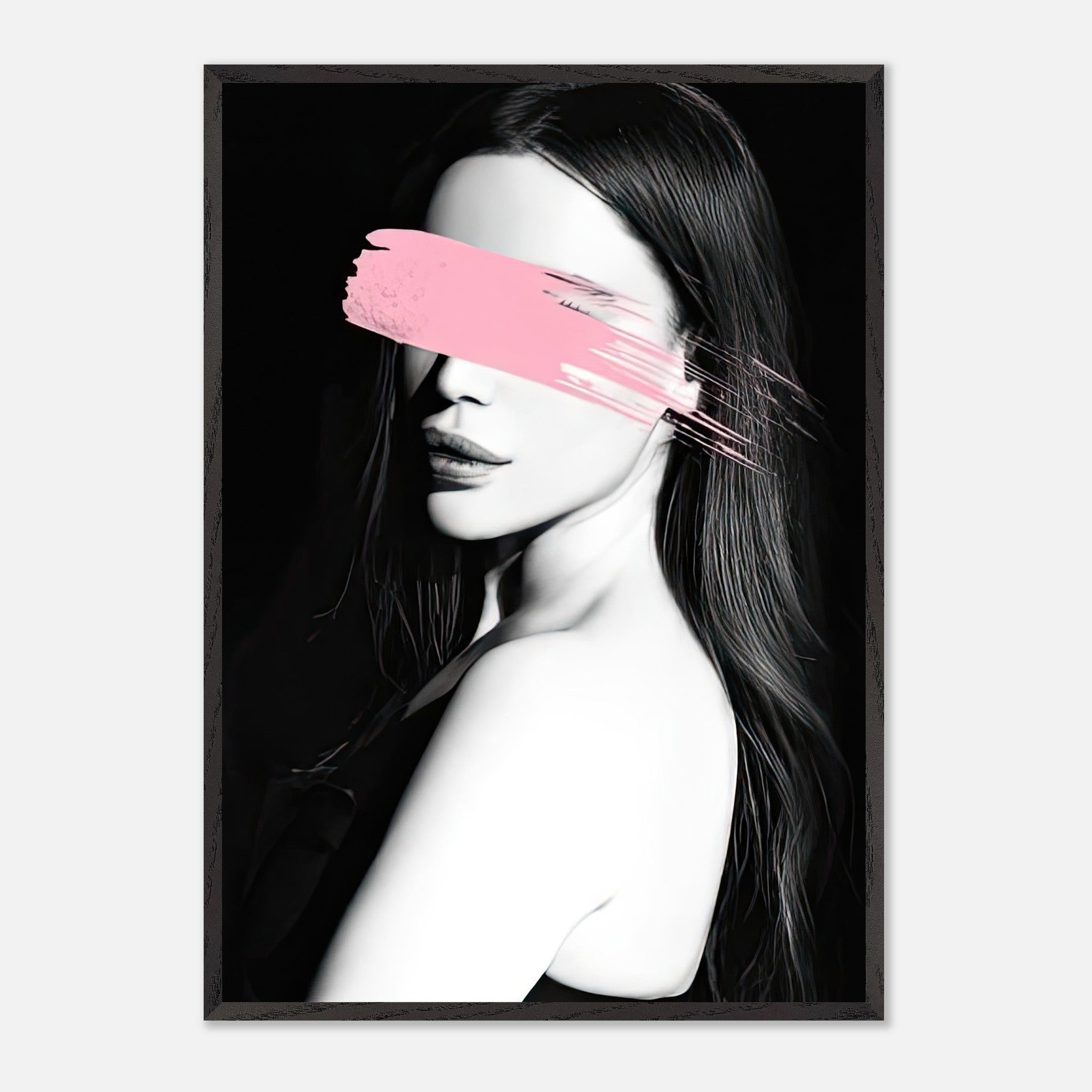 Vintage framed print of a woman with a pink brushstroke over her eyes, showcasing modern minimalism and striking aesthetics.