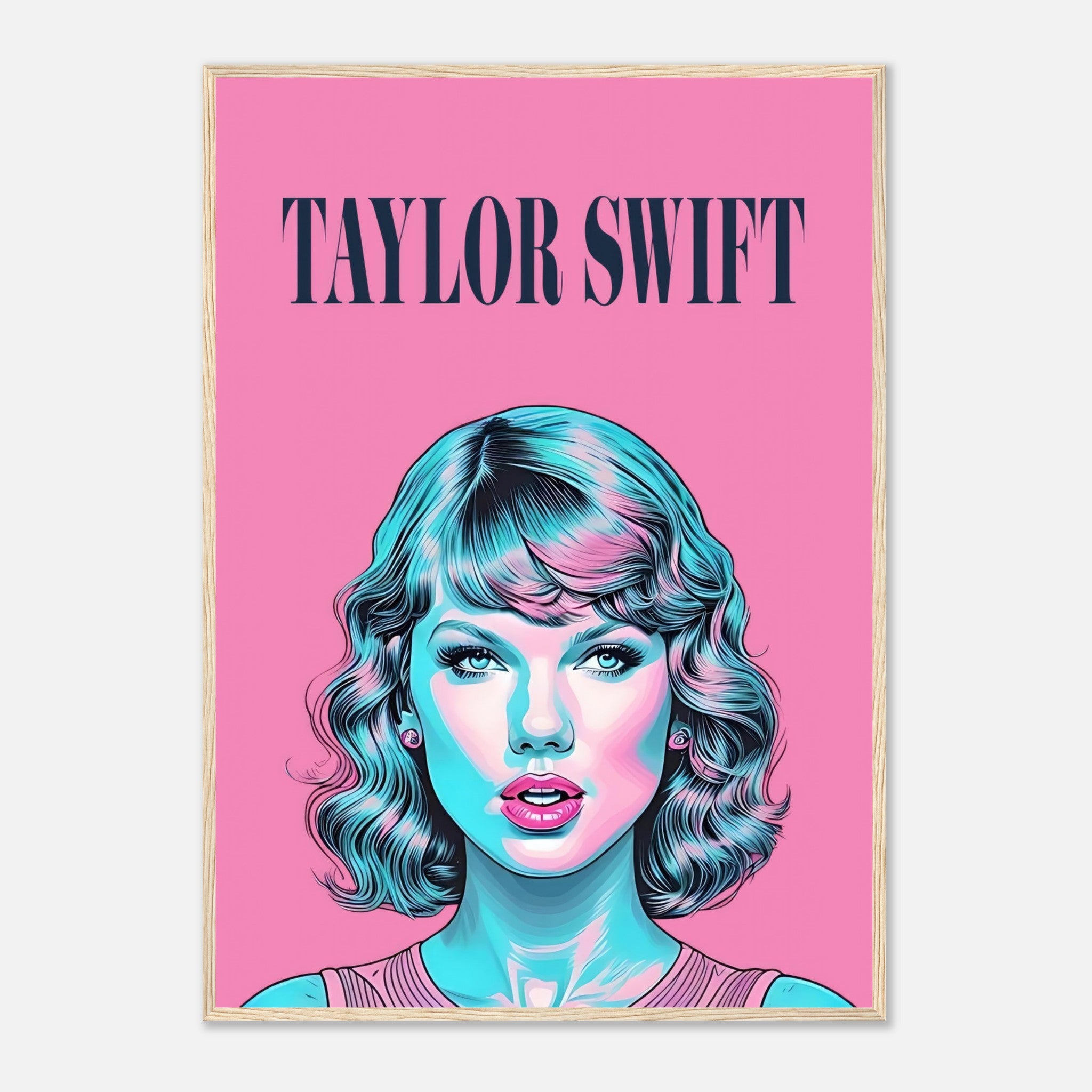 Taylor Swift pop art framed poster with vibrant pink and turquoise colors, perfect for music fans and art lovers.