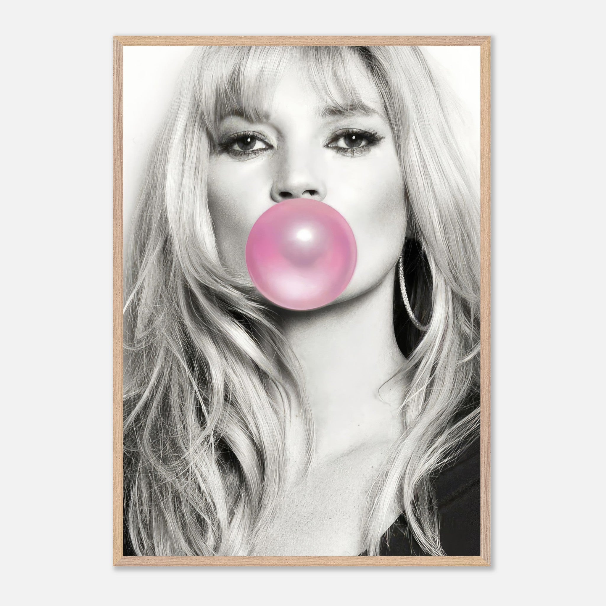 Kate Moss vintage framed print featuring a black-and-white portrait with pink bubble gum. Perfect for modern decor.