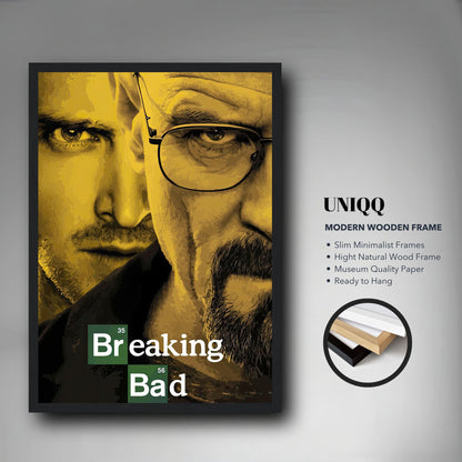 Breaking Bad framed poster featuring iconic characters in bold yellow tones, perfect for fans' collections.