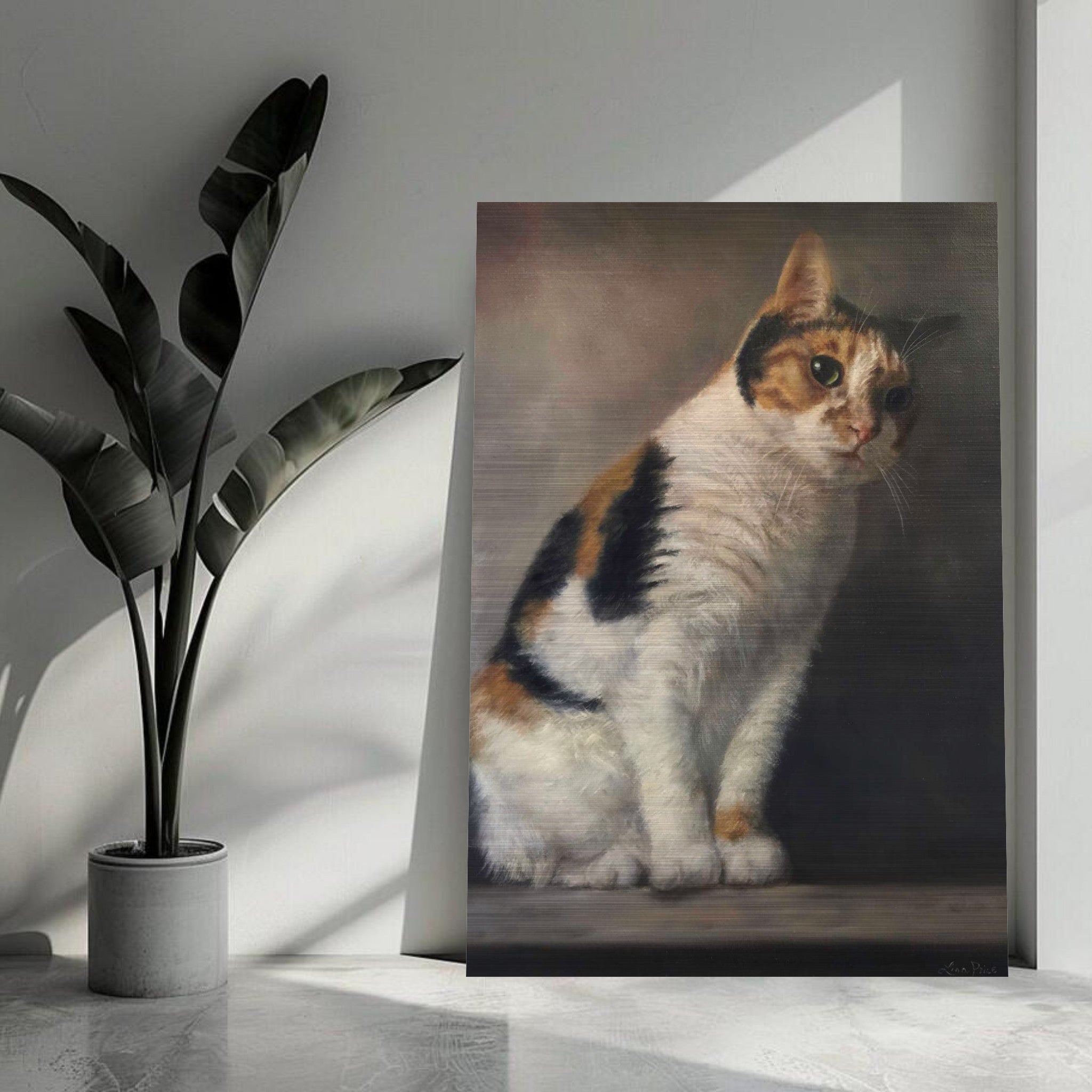 Realistic cat portrait painting on brushed metal, featuring a soulful calico cat with intricate details.