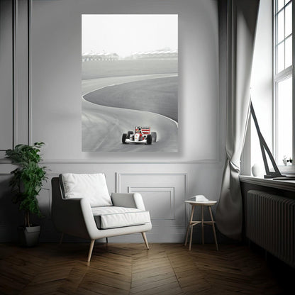 1988 Ayrton Senna McLaren MP4/4 metal print displayed in a stylish modern interior setting.