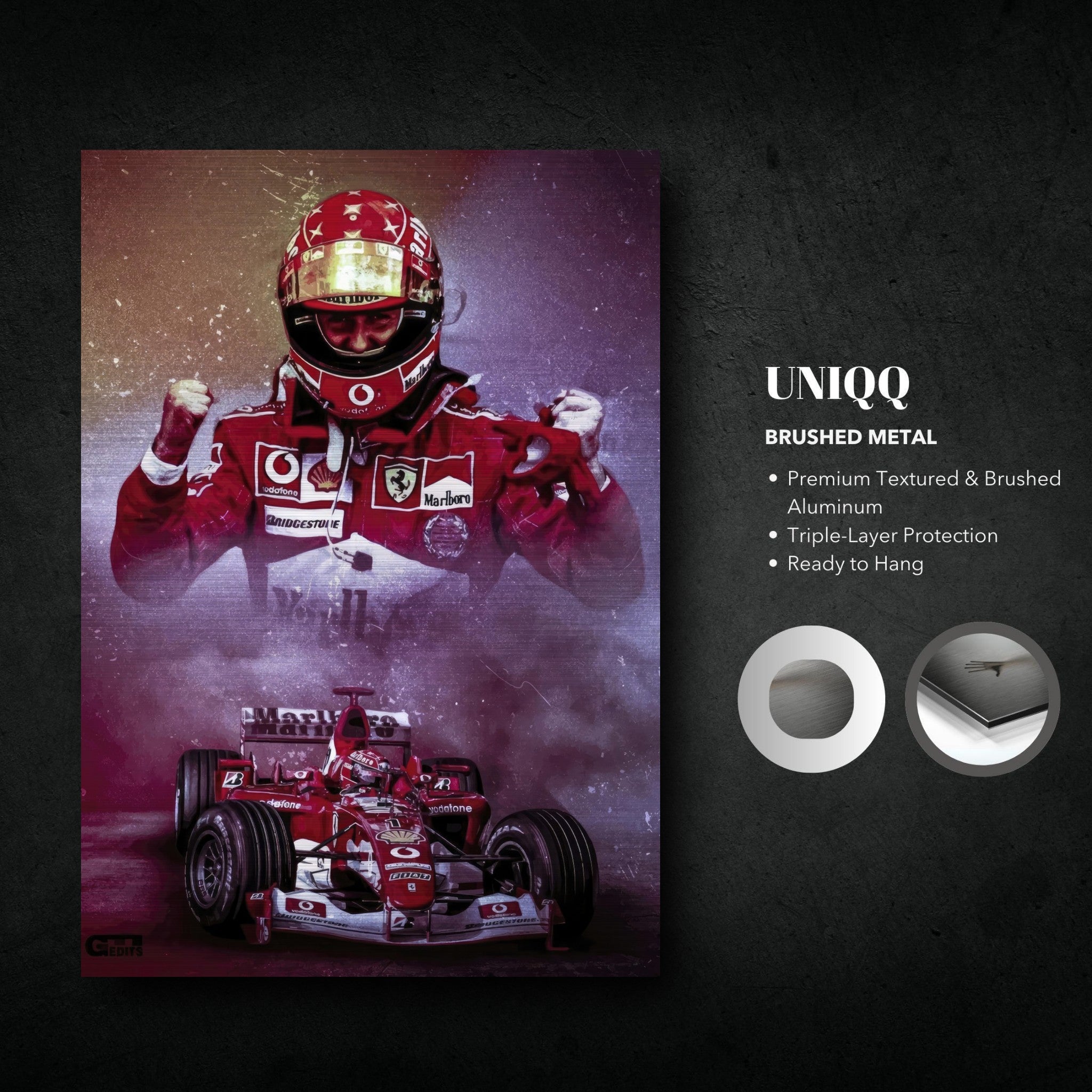 Brushed metal poster of Michael Schumacher in Ferrari gear with iconic F1 car, featuring premium textured aluminum.