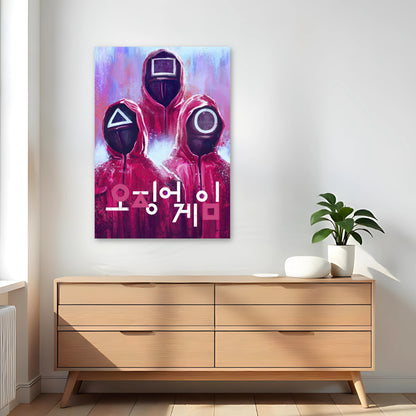 Squid Game poster featuring iconic guards in red suits and geometric masks, adding drama to any room decor.