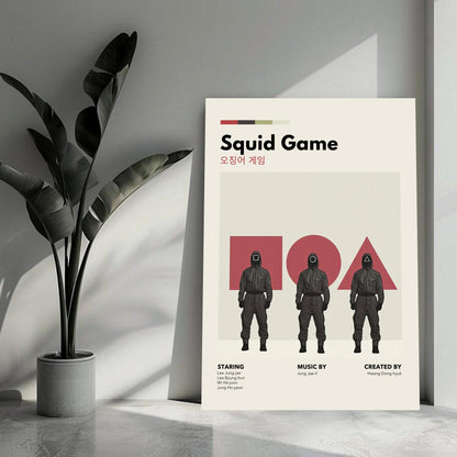 Squid Game vintage metal poster featuring iconic characters and minimalist design in a stylish living space.