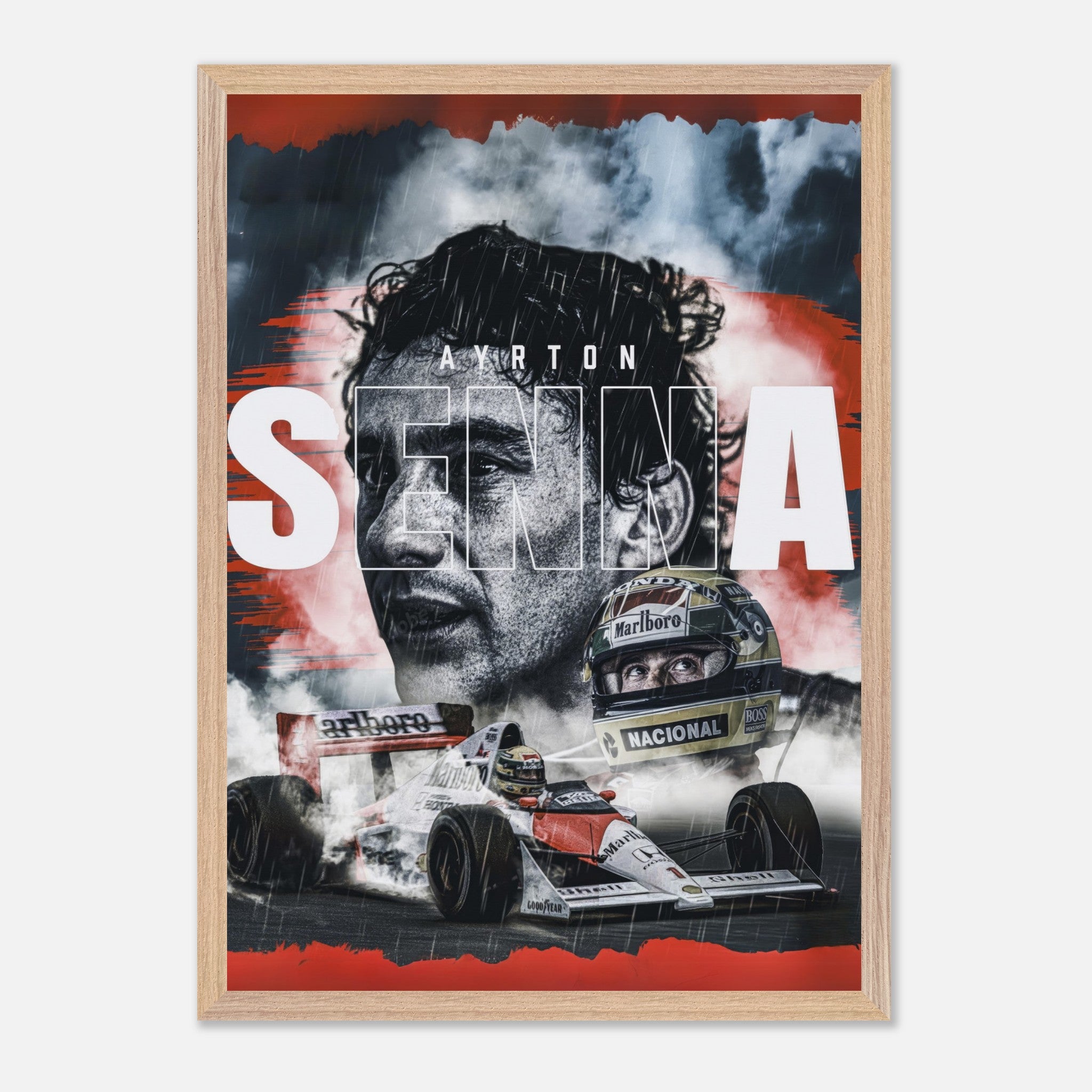 Ayrton Senna framed fine art print featuring vibrant colors and iconic F1 imagery for motorsport enthusiasts.