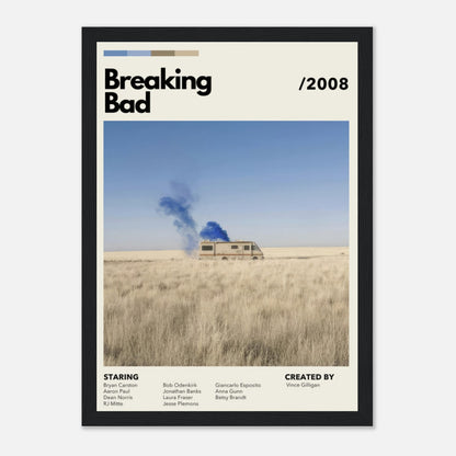 Vintage Breaking Bad framed print featuring RV in desert with blue smoke, capturing iconic TV scene and essence of the show.