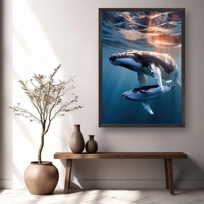 Underwater photography fine art print of a humpback whale and its calf in a serene ocean setting.