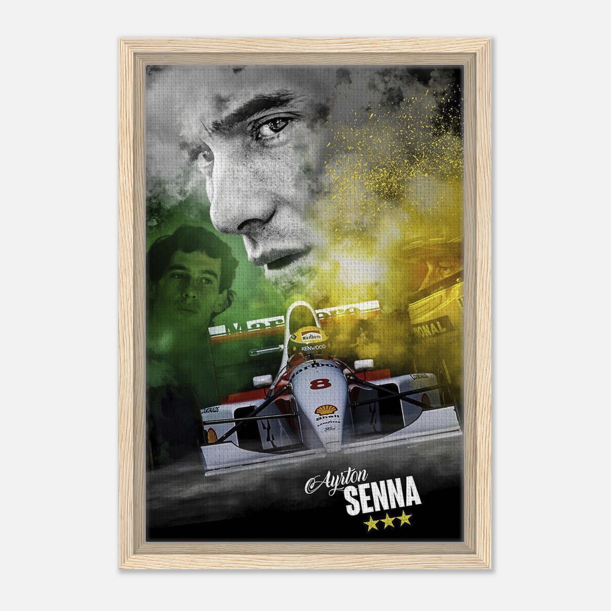 Ayrton Senna framed canvas print featuring his iconic F1 car and portrait in vibrant colors. Perfect for racing fans.