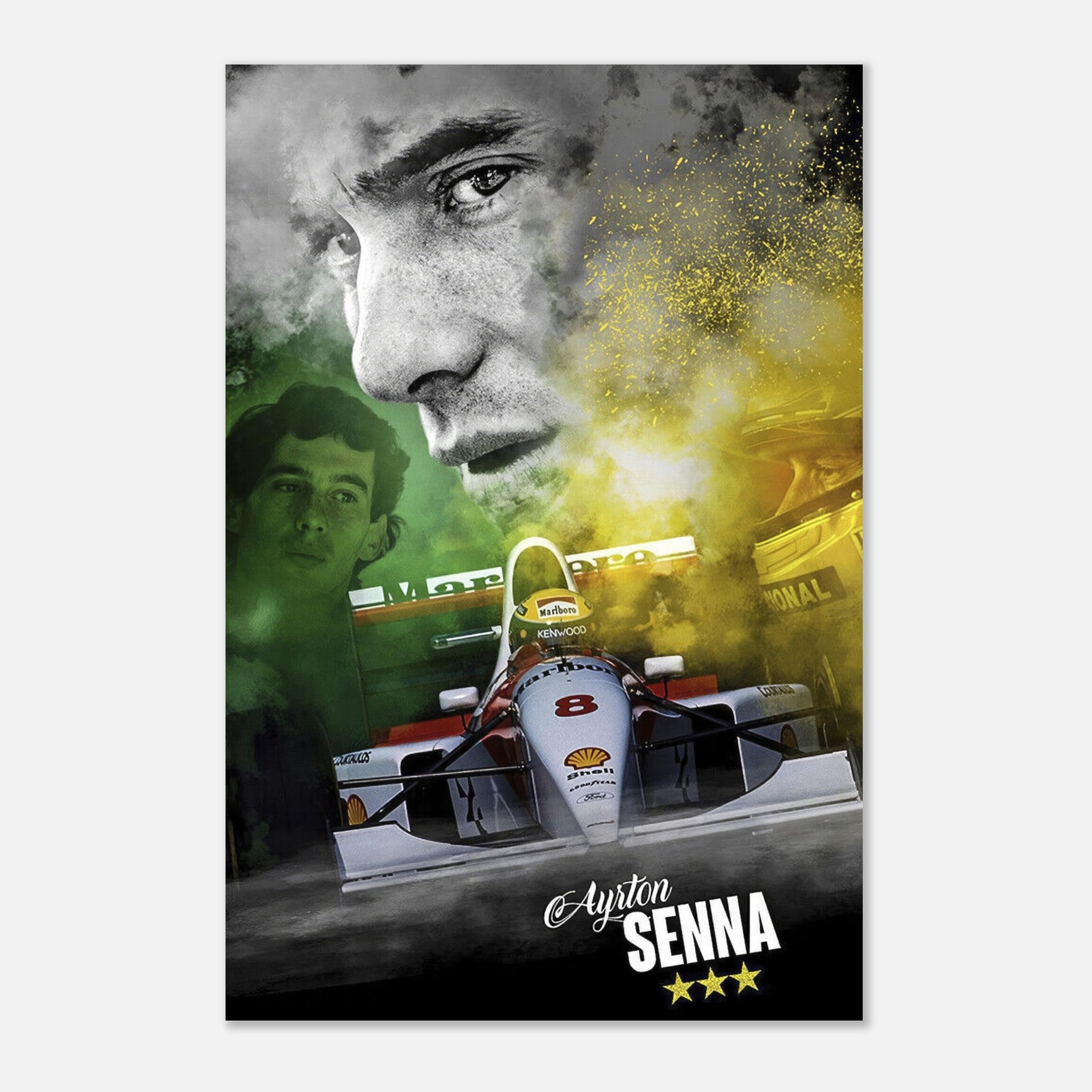 Ayrton Senna F1 metal print featuring a vibrant design with his iconic car and striking portrait. Perfect for racing fans.