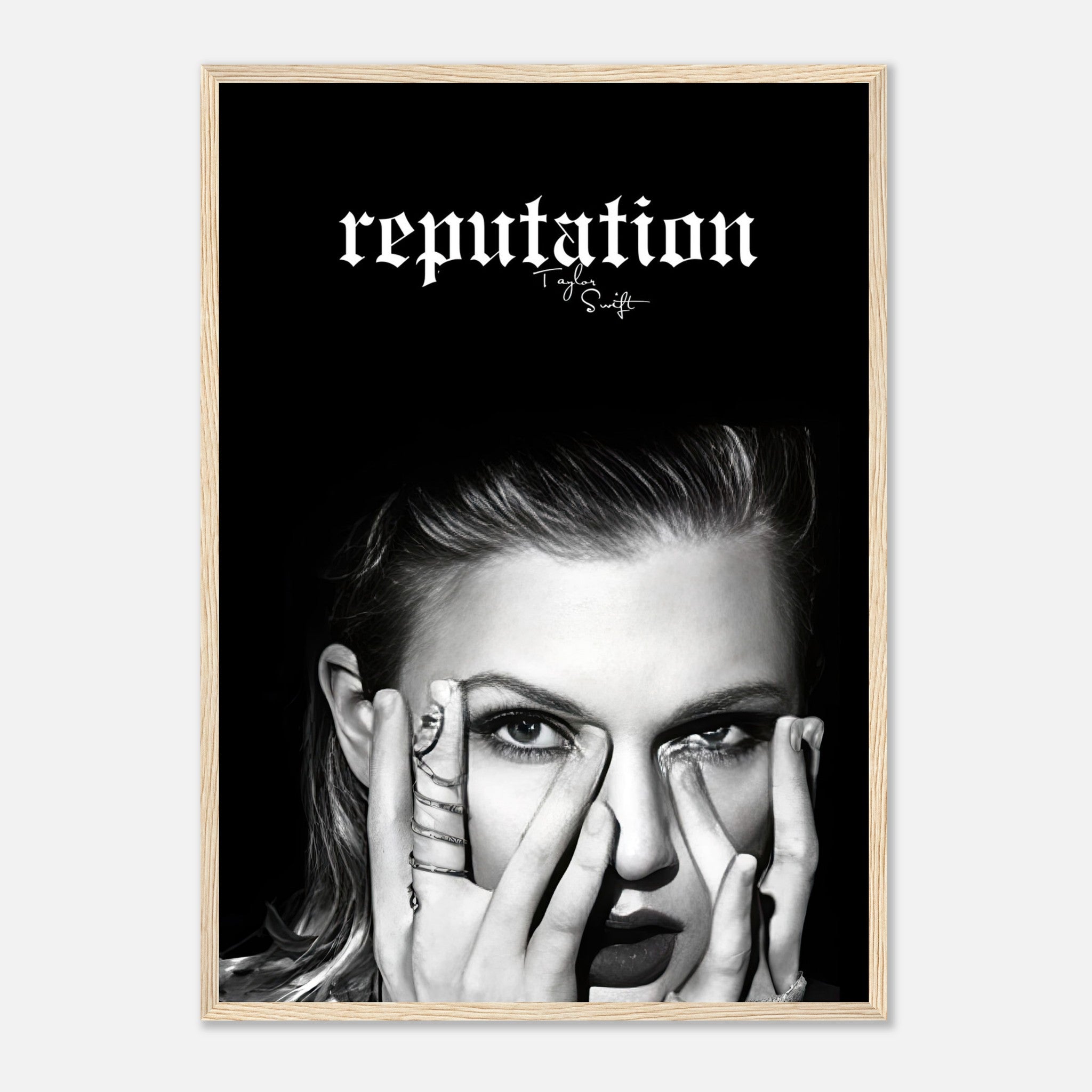 Taylor Swift Reputation framed print featuring bold black-and-white imagery of her iconic look.