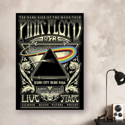 Pink Floyd The Dark Side of the Moon 1973 tour poster with prism design and vibrant rainbow, Radio City Music Hall.