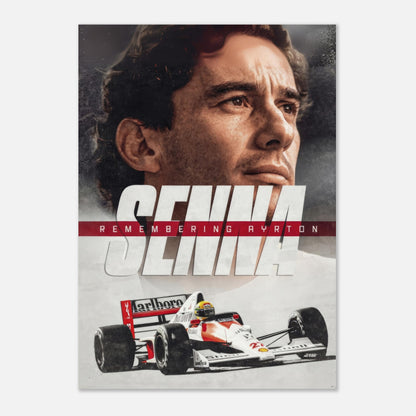 Ayrton Senna poster featuring his iconic portrait and race car, celebrating the legacy of a Formula 1 legend.