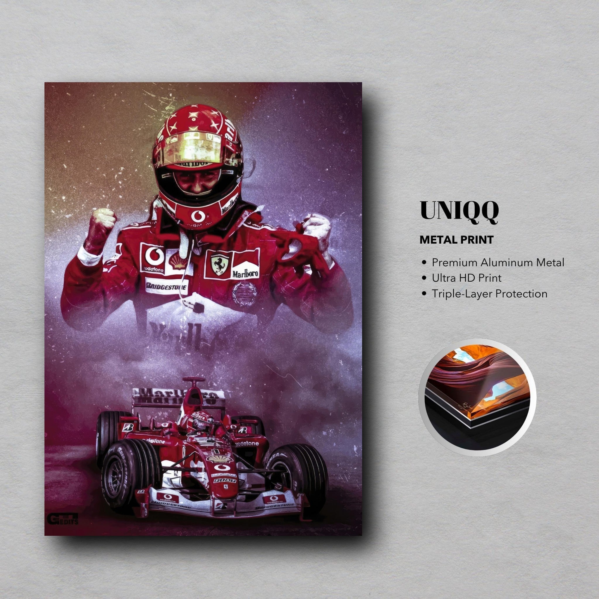 Michael Schumacher metal print featuring Ferrari suit, showcasing vibrant colors and racing passion in Ultra HD finish.