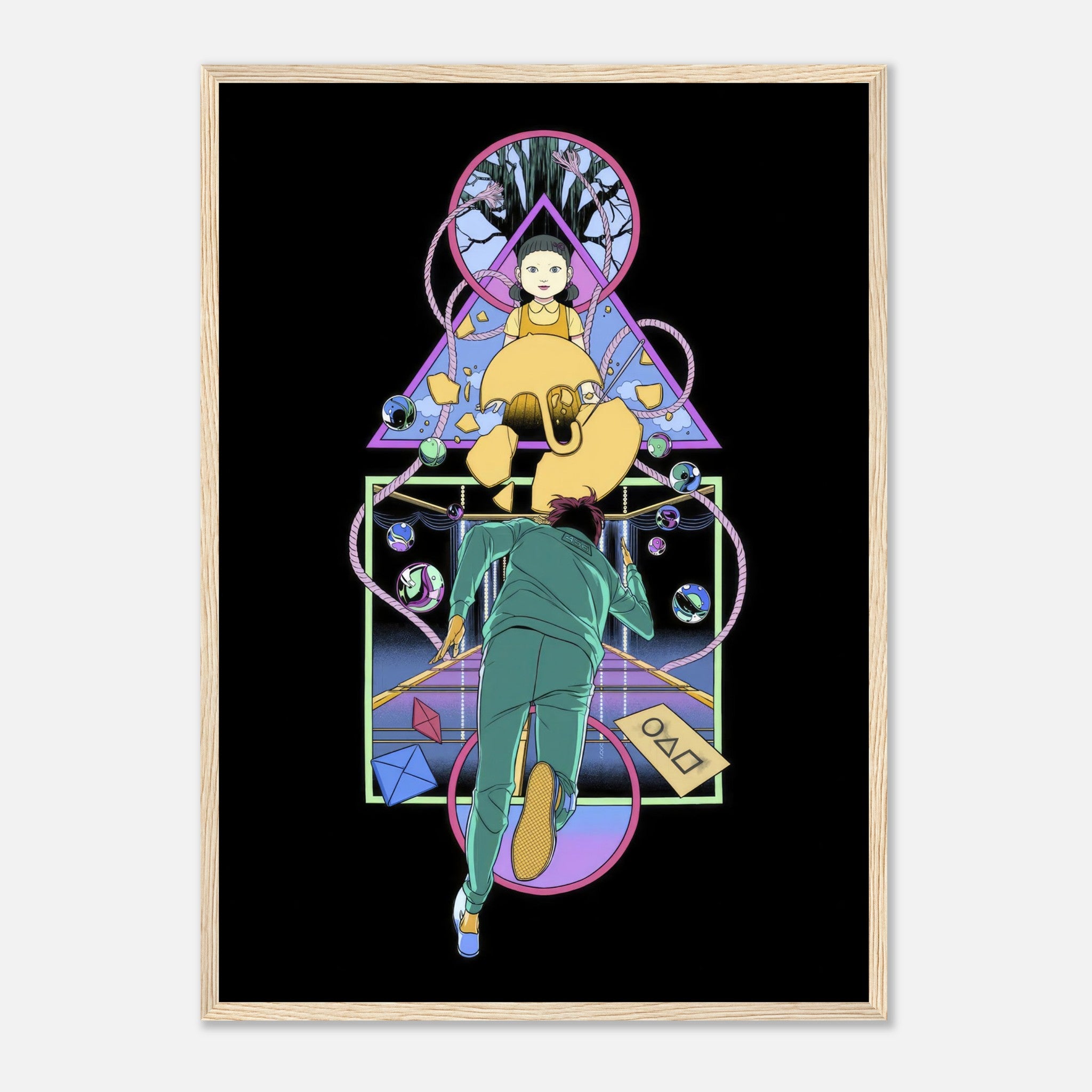 Framed print of the iconic doll from Squid Game, featuring vivid colors and intricate design elements.