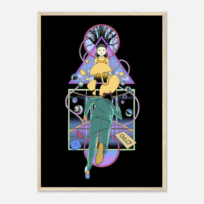 Framed print of the iconic doll from Squid Game, featuring vivid colors and intricate design elements.