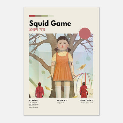 Vintage Squid Game metal poster featuring iconic doll and retro design, perfect for home decor.