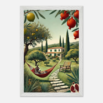 Mediterranean rural landscape print featuring a donkey in a hammock, cypress trees, and vibrant fruits.