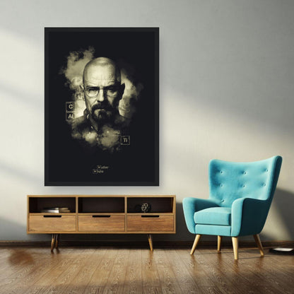 Walter White Heisenberg framed poster showcased in a modern living room with blue chair and stylish decor.