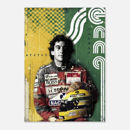 Ayrton Senna F1 legend poster featuring vibrant colors and dynamic design celebrating his Brazilian heritage and racing career.