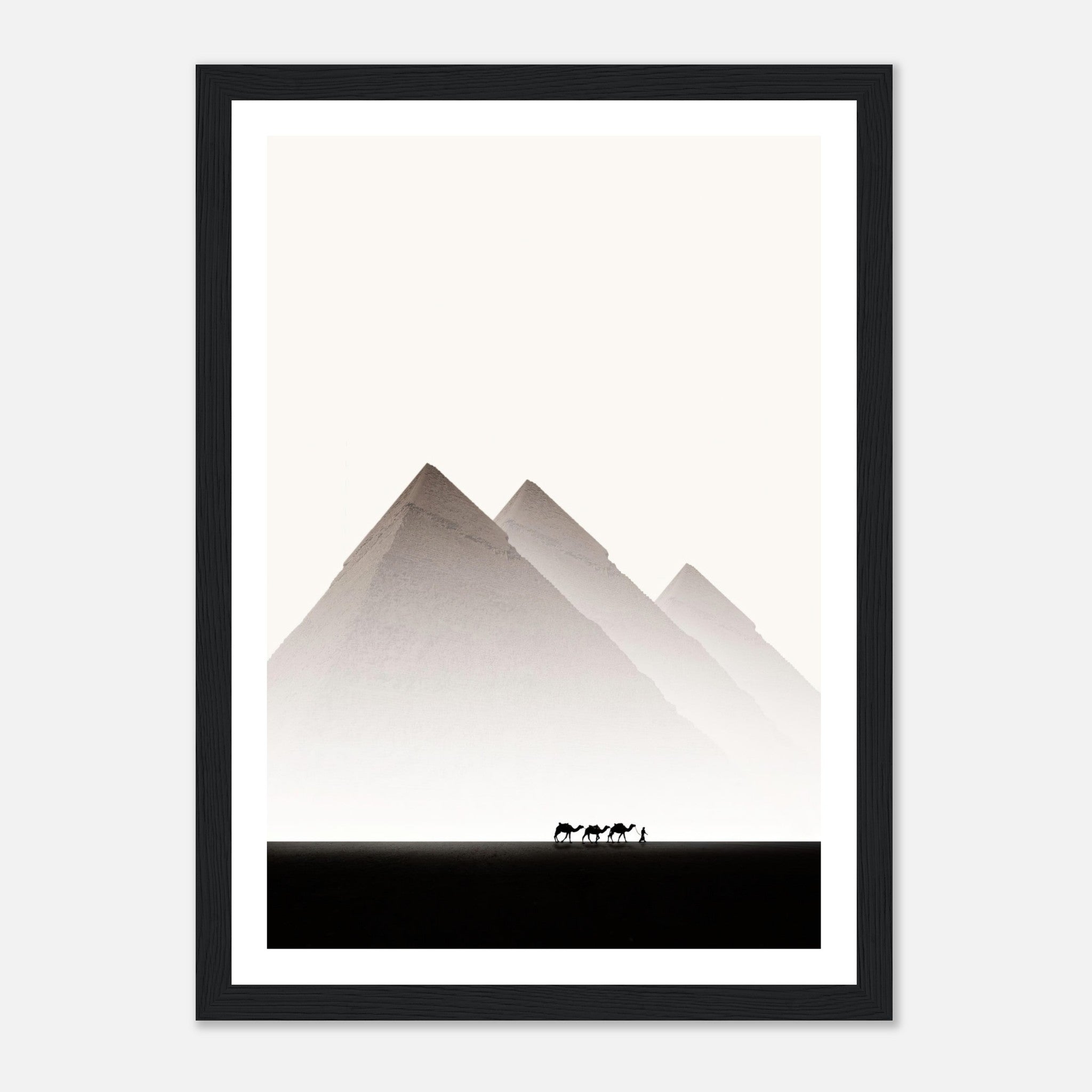 Framed print of Pyramids of Giza with riders, showcasing iconic Egypt travel photography and minimalist design.