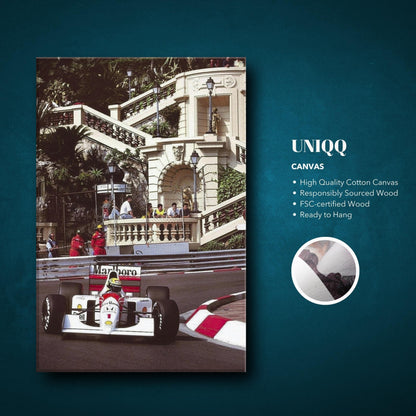 Ayrton Senna racing in Monaco, premium canvas print showcasing motorsport history and vibrant colors.