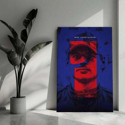 Max Verstappen canvas print in vibrant blue and red, adding a modern touch to any room's decor.