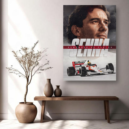 Ayrton Senna brushed metal wall art featuring a portrait and iconic racing car in a stylish interior setting.