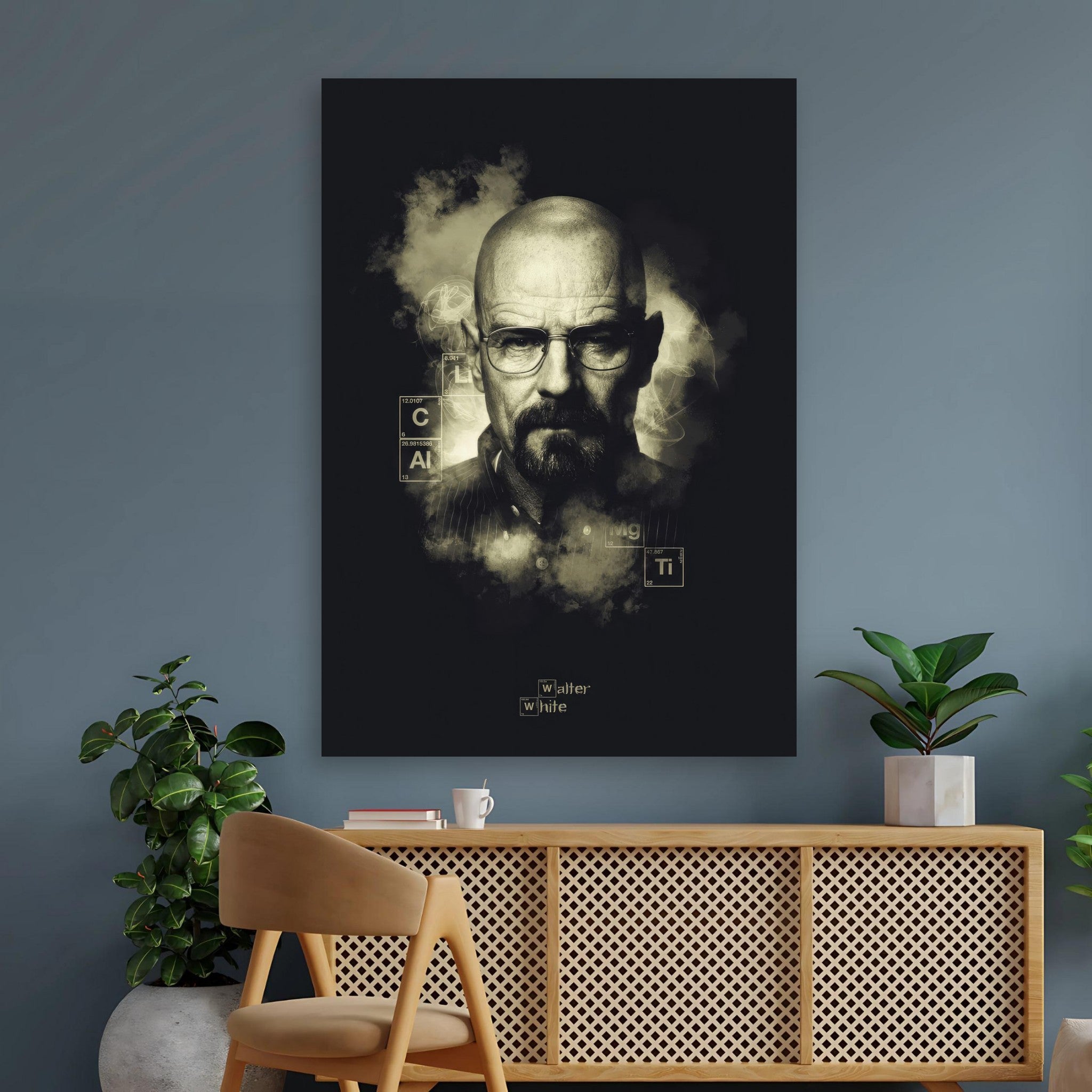 Walter White Heisenberg poster in black and white, showcasing the iconic character from Breaking Bad on a stylish wall.