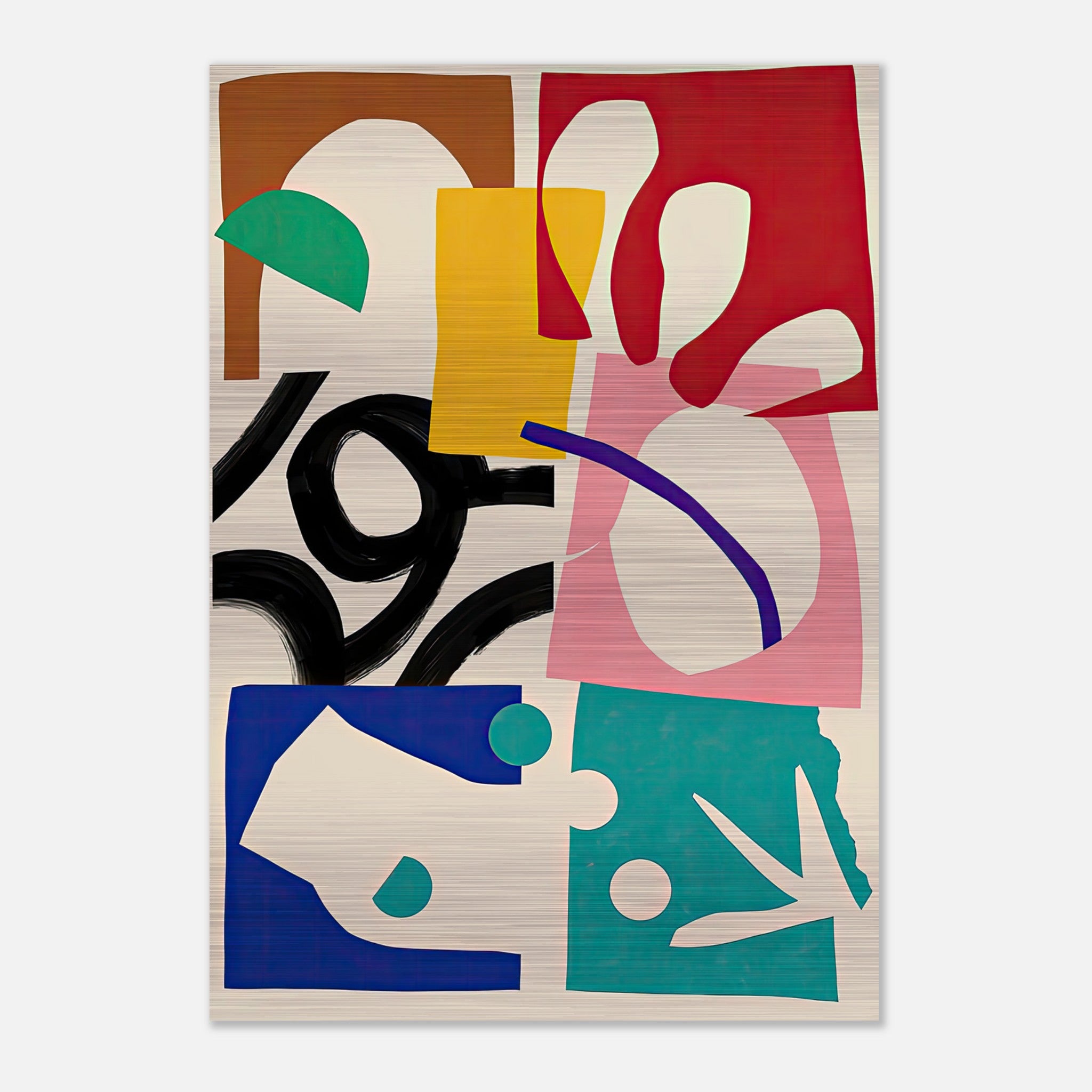 Abstract Harmony art print on brushed metal featuring bold geometric shapes and vibrant colors.